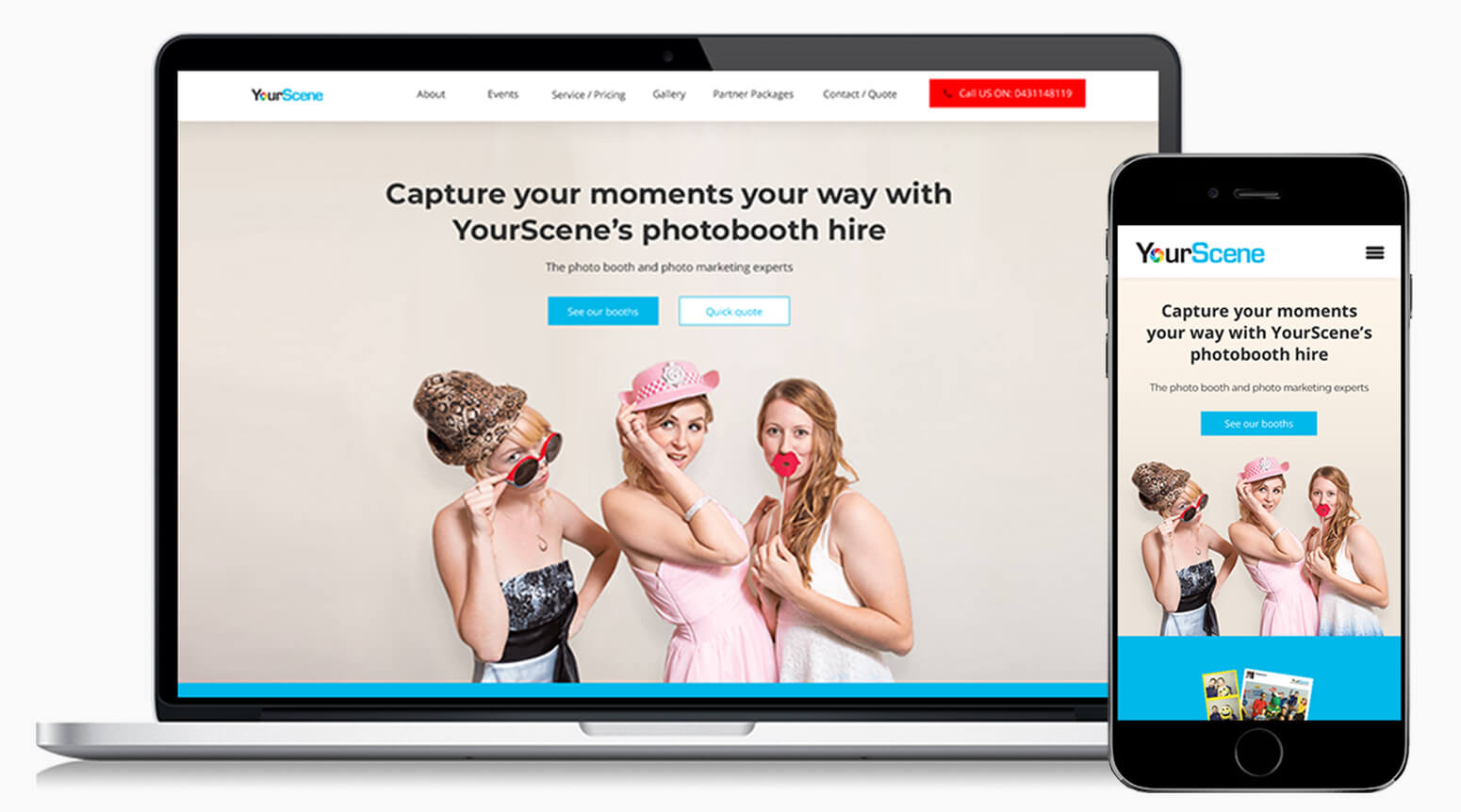 Yourscene's designed website on computer and mobile screens to show responsiveness